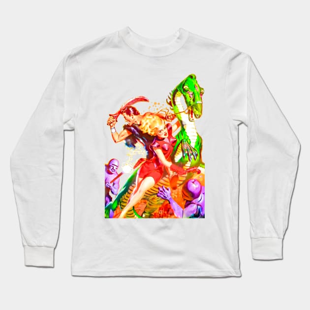 women warrior, alien reptile, sword of fire, planet, the dead star, retro comic vintage pin up girl Long Sleeve T-Shirt by REVISTANGO